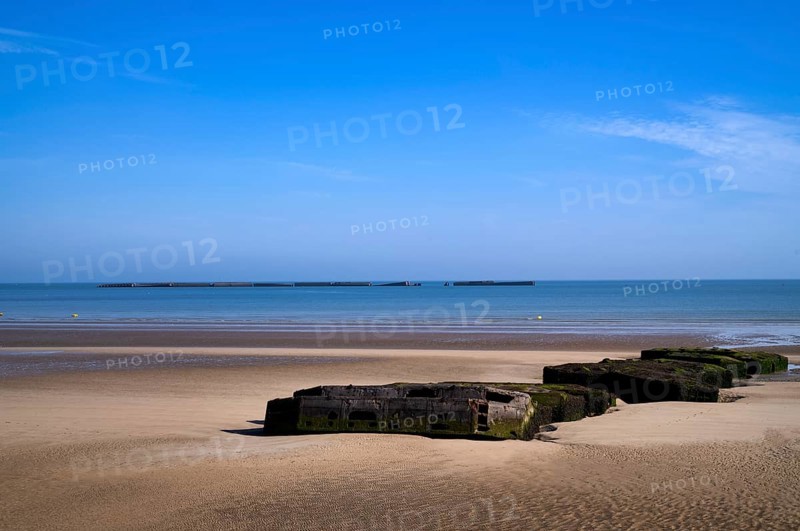 Phoenix Caissons, concrete boxes, caissons, were used in the sea as breakwaters and to form an improvised harbour, Mulberry B Harbour, Mulberry Harbour, Port Winston, Gold Beach, beach, D-Day, Operation Overlord, Arromanches-les-Bains, Normandy, Calvados, France