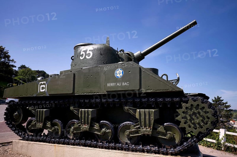 US-American Sherman tank Berry au Bac, emblem of the French liberation army, standing on the former casemate of a German resistance nest, D-Day, Operation Overlord, Arromanches-les-Bains, Normandy, Calvados, France