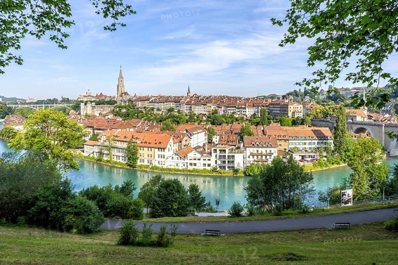 Bern City on the River Aare Old Town with Bern Minster Church in Bern, Switzerland