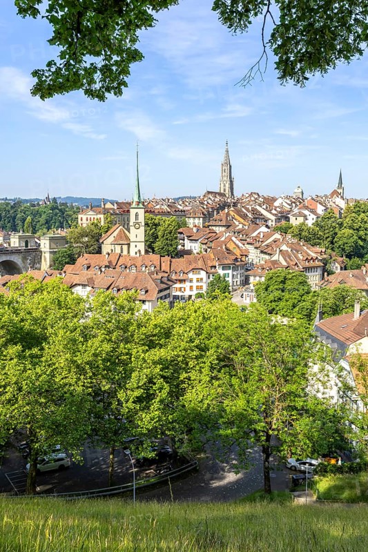Bern City on the River Aare Old Town with Bern Minster Church in Bern, Switzerland