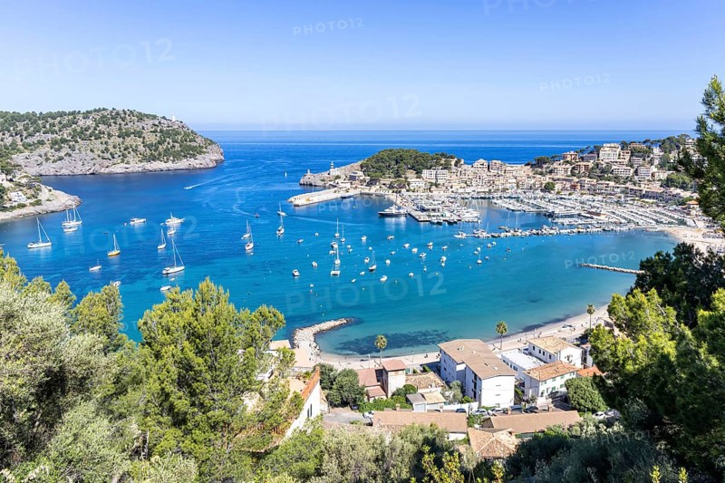 Port de Soller on Majorca from above holiday by the sea beach harbour with boats trip in Port de Sóller, Spain