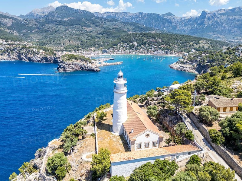 Port de Soller on Majorca with lighthouse aerial view holiday by the sea trip in Spain