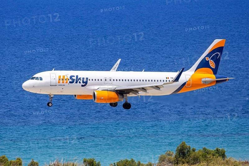A HiSky Airbus A320 aircraft with the registration YR-JOY at Rhodes Airport, Greece