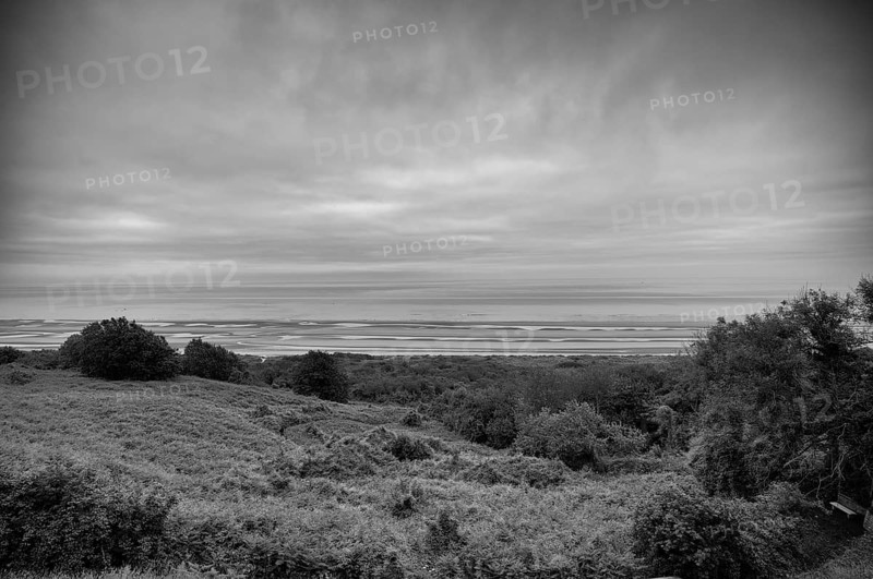 View of Omaha Beach, D-Day, Operation Overlord, black and white, Saint-Laurent-sur-Mer near Colleville-sur-Mer, Normandy, Calvados, France