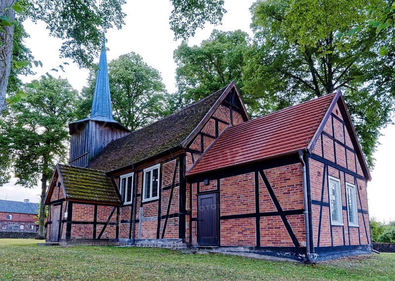 Prorep village church, a half-timbered church with a wooden tower, in the village centre. Porep is a district of the town of Putlitz in the district of Prignitz in Brandenburg, Germany