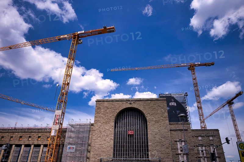 Old Bonatzbau station, construction cranes, Züblin, construction site, Stuttgart 21 underground railway project, main station, logo, DB, Deutsche Bahn, Stuttgart, Baden-Württemberg, Germany