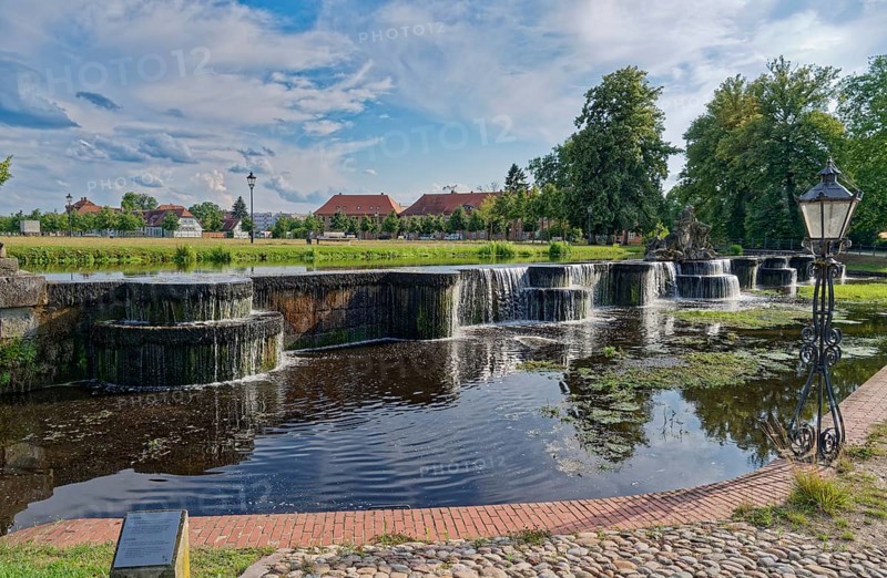 Bassin, a water basin, in front of Ludwigslust Palace, with cascades and stone figures. Ludwigslust, Mecklenburg-Western Pomerania, Germany