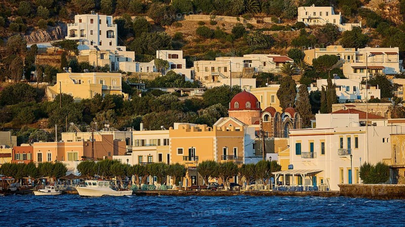 Picturesque waterside village with traditional architecture and a church in hilly terrain, Agia Marina, Leros, Dodecanese, Greek Islands, Greece