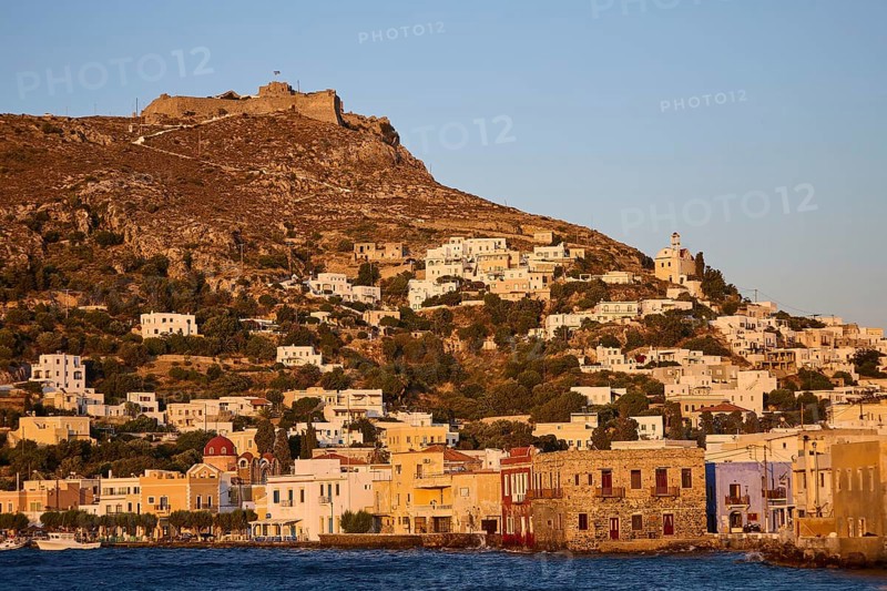 Panteli Fortress, Greek coastal village against a backdrop of hills at sunset, with traditional architecture, Agia Marina, Leros, Dodecanese, Greek Islands, Greece