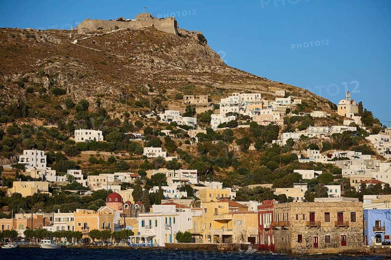 Panteli Fortress, coastal landscape with white houses on a hill and a fortress on top, Agia Marina, Leros, Dodecanese, Greek Islands, Greece