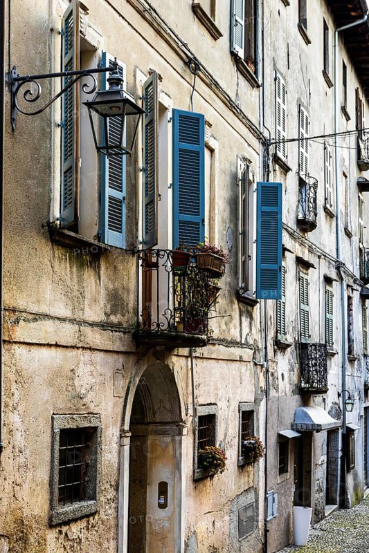 House facade with window in the historic centre of Orta San Giulio, on Lake Orta, Province of Novara, Piedmont, Italy