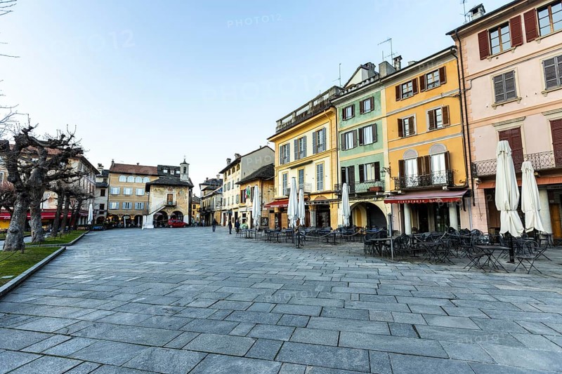 Market square with cafes in Orta San Giulio, Orta San Giulio, on Lake Orta, Province of Novara, Piedmont, Lago d'Orta, Italy