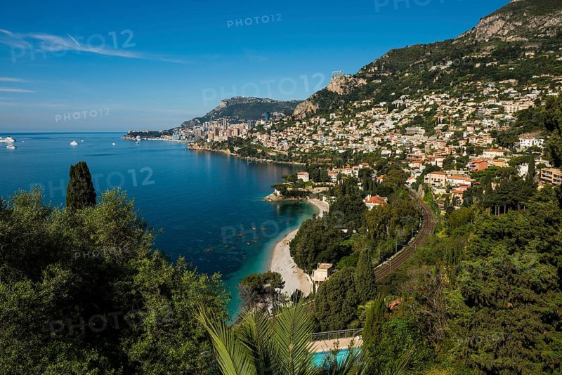 View of Roquebrune and Monaco, Plage du Golfe Bleu, Alpes Maritimes, Provence Alpes Cote d'Azur, French Riviera, South of France, France