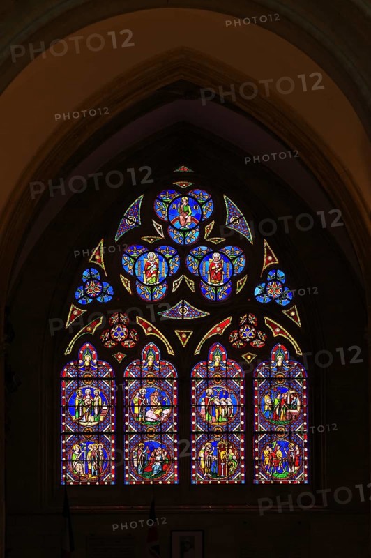 Interior view, stained glass window, coloured church windows, Cathédrale Notre-Dame de Bayeux, Bayeux, Calvados, France