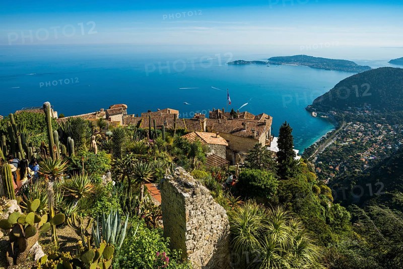 Picturesque mountain village overlooking the sea, Jardin Exotique, Èze, Cote d'Azur, Alpes-Maritimes, Provence-Alpes-Cote-d'Azur, South of France, France