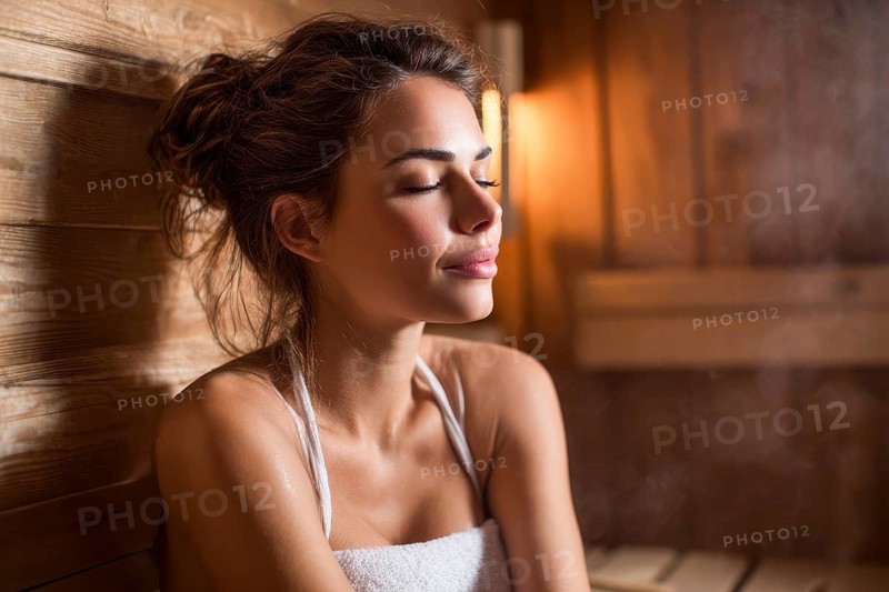 Beautiful lady relaxing in hot steamy sauna. Concept of relaxation in beauty spa, AI generated
