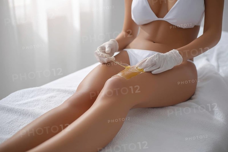 Bikini waxing of a beautiful young attractive woman in a spa. Luxury treatment for perfect skin and rejuvenation, AI generated