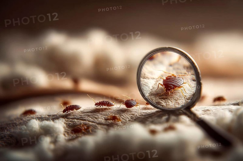 Bed bugs and dust mites concept with the magnifying glass. Allergy and old linen that contains parasites, AI generated
