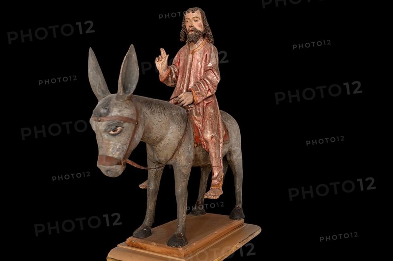 Palmesel in St Briccius Church, on a black background, Wurmlingen, Tuttlingen district, Baden-Württemberg, Germany