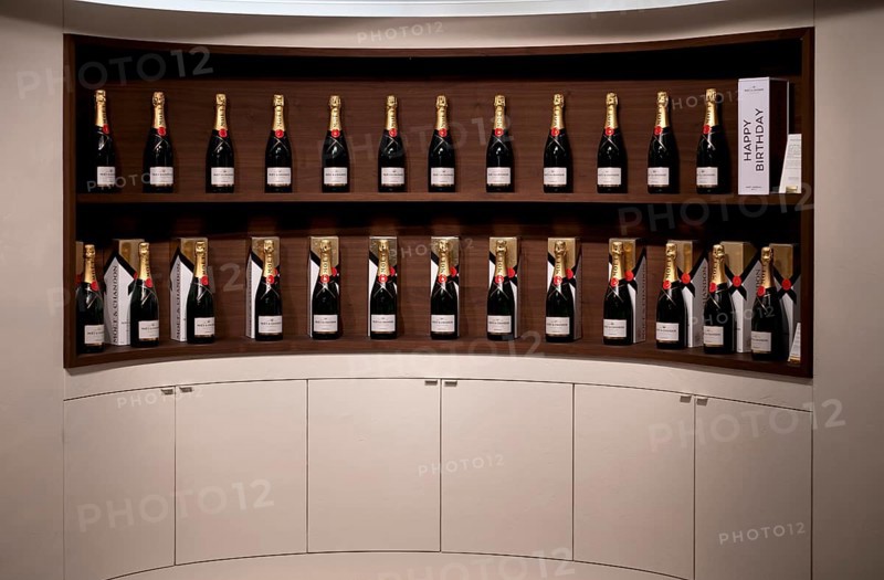 Various bottle sizes of Champagne Impérial Brut, logo, lettering, showroom, reception hall, entrance area, headquarters of the champagne brand Moët & Chandon, part of the luxury goods group LVMH Louis Vuitton Moët Hennessy, Avenue de Champagne, Épernay, Marne, France