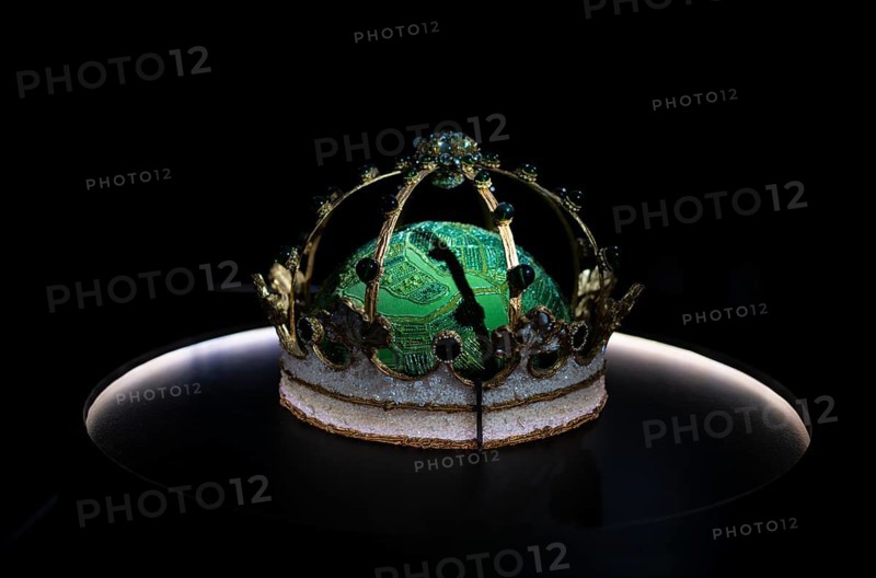 Velvet and pearl crown on hemisphere symbolising aerial view of the Champagne vineyards, by Baqué Molinié, treasury, headquarters of the champagne brand Moët & Chandon, part of the luxury goods group LVMH Louis Vuitton Moët Hennessy, Avenue de Champagne, Épernay, Marne, France
