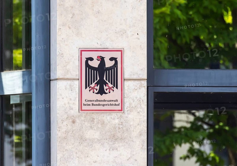Federal Public Prosecutor General at the Federal Court of Justice in Karlsruhe. Office sign with federal eagle on the office building. Karlsruhe, Baden-Württemberg, Germany