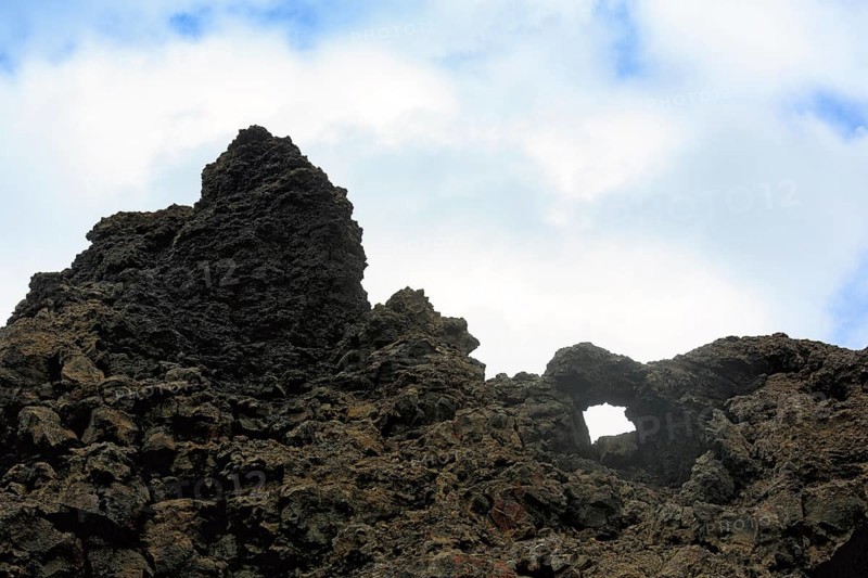 Tuff formation in Dimmuborgir, bizarrely shaped rock formation, rock arch in the lava field, Krafla volcano system, Dimmuborgir National Park, Mývatn, Iceland