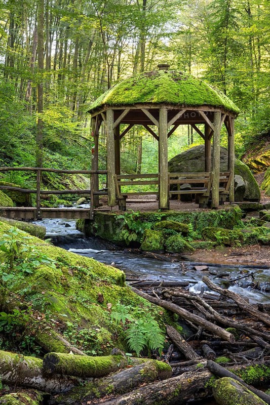 The Moosalb stream and the pavilion in the forest in the Karlstal gorge. Long exposure. Karlstal Gorge Nature Reserve, Karlstal, Palatinate Forest, Rhineland-Palatinate, Germany