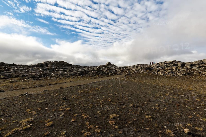 Hiker, hiking trail between Dettifoss and Selfoss, volcanic landscape, Cumulus, North Iceland, Iceland