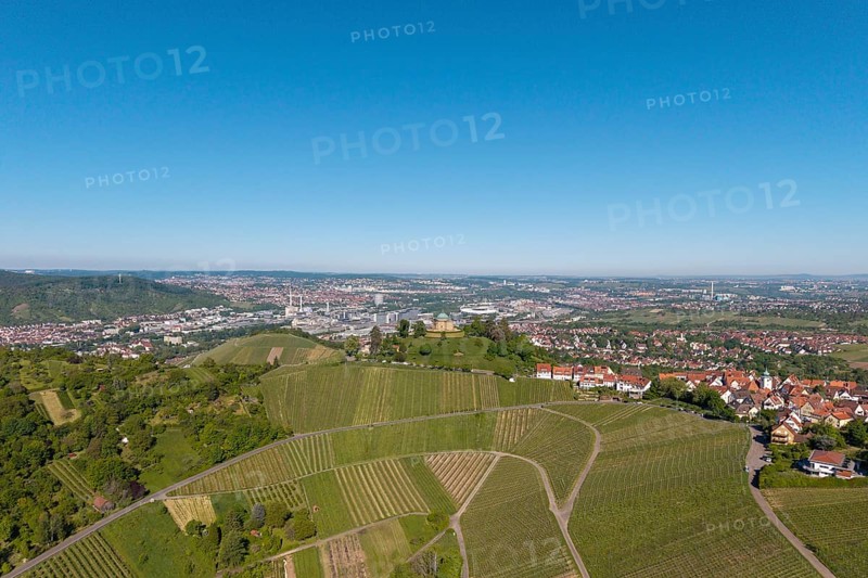 Landscape with vineyards and city with clear sky and wide view, view of Rotenberg near Stuttgart with burial chapel, in the background the Mercedes-Benz plant in Stuttgart-Untertürkheim and the MHP Arena, Baden-Württemberg, Germany