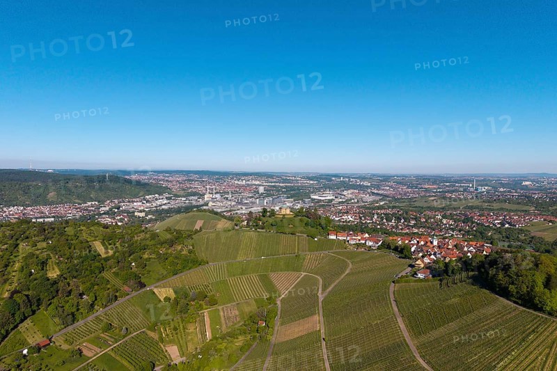 Extensive vineyards in front of an urban backdrop under a clear sky, view of Rotenberg near Stuttgart with a burial chapel, in the background the Mercedes-Benz plant in Stuttgart-Untertürkheim and the MHP Arena, Baden-Württemberg, Germany