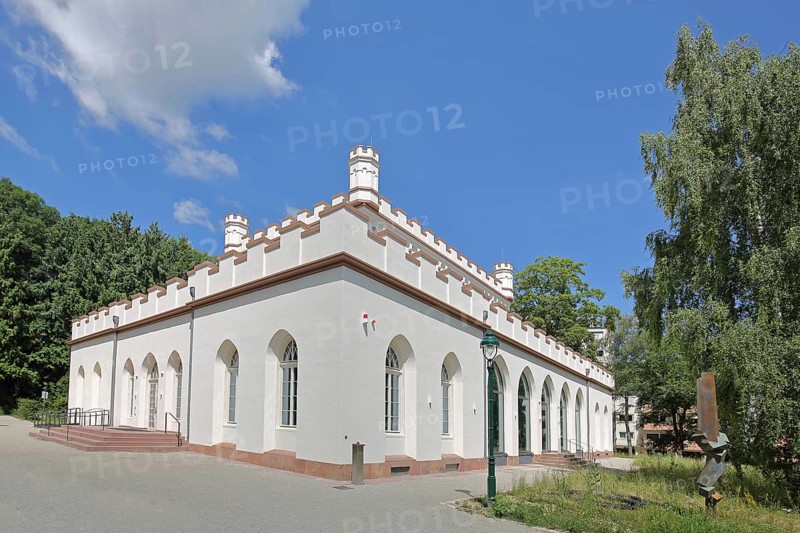 Gothic house with battlements and corner turrets, neo-Gothic, white, museum, Dornholzhausen, Bad Homburg, Taunus, Hesse, Germany