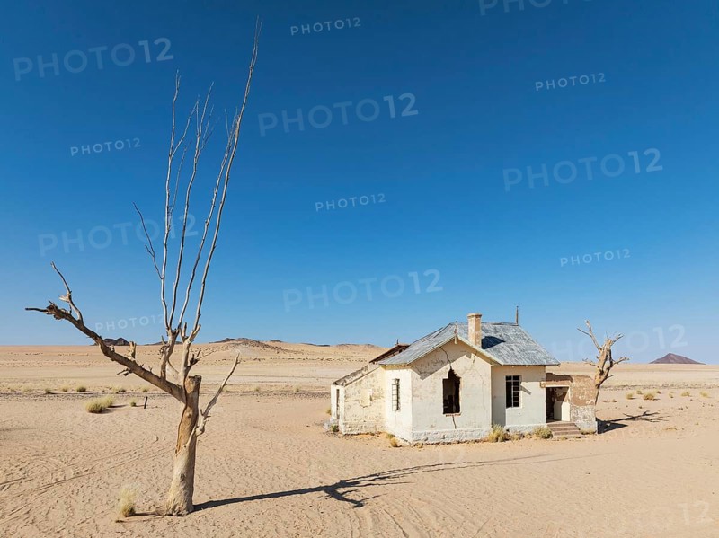 The long abandoned Garum train station in the southern Namib Desert. Aerial view. Drone shot. Namibia