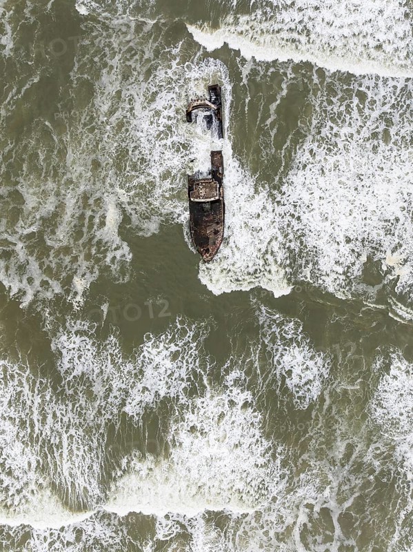 The Zeila shipwreck at the Skeleton Coast. Aerial view. Drone shot. Dorob National Park, Namibia