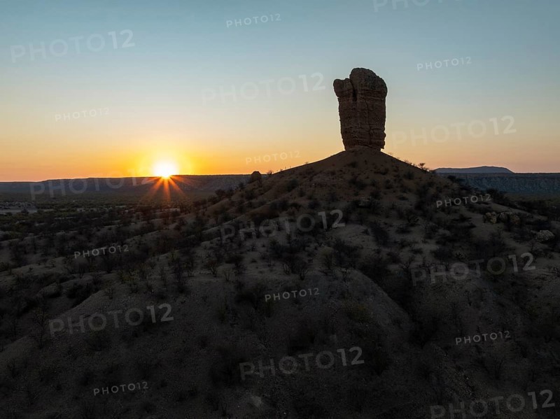The Vingerklip (rock finger) at sunrise. Aerial view. Drone shot. Damaraland, Namibia