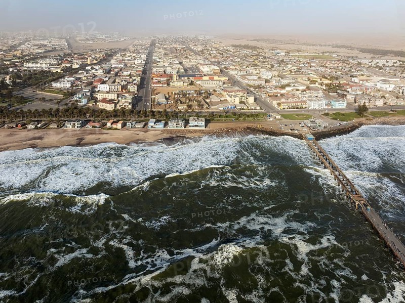 The coastal town of Swakopmund between Namib Desert and Atlantic Ocean. Aerial view. Namibia