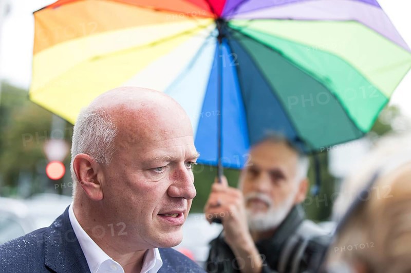 Kai Wegner (Governing Mayor of Berlin) gives interviews after raising the rainbow flag for Pride Week in front of the Rotes Rathaus in Berlin on 9 July 2025