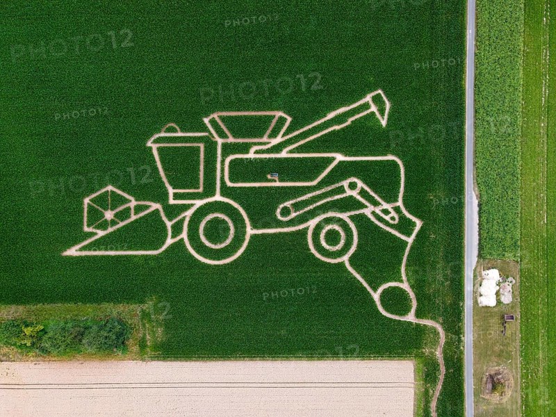 The maize maze of the Maize Spirits near Weißkirchen, near Frankfurt am Main, shows a combine harvester in summer 2025 under the motto Agriculture. The maze opens on 26 July 2025 (aerial photo with a drone), Oberursel Weißkirchen, Hesse, Germany