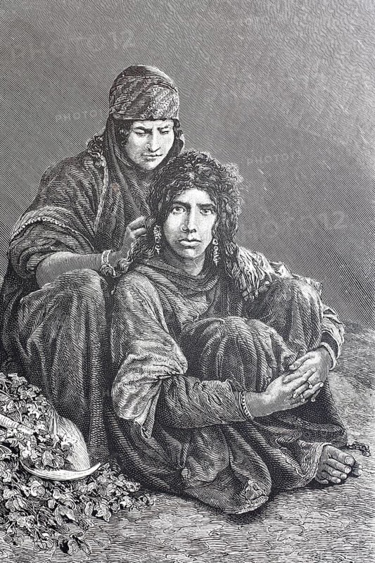Women from the Bedouin tribe, c. 1888, Arab semi-nomads living in the desert regions of North Africa and the Middle East, Historical, digitally enhanced reproduction of a 19th century model