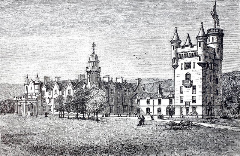 Balmoral castle in Scotland, residence of the Queen of England, 1888, Historical, digitally enhanced reproduction of a 19th century original