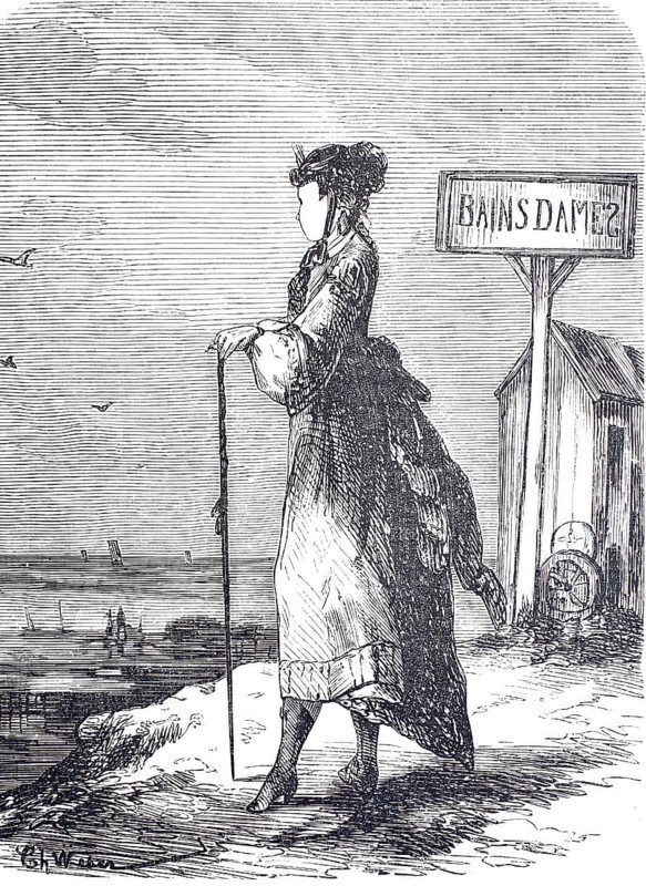 The cane and its use, as a fashion prop in a French seaside resort, 1888, Historical, digitally enhanced reproduction of a 19th century model