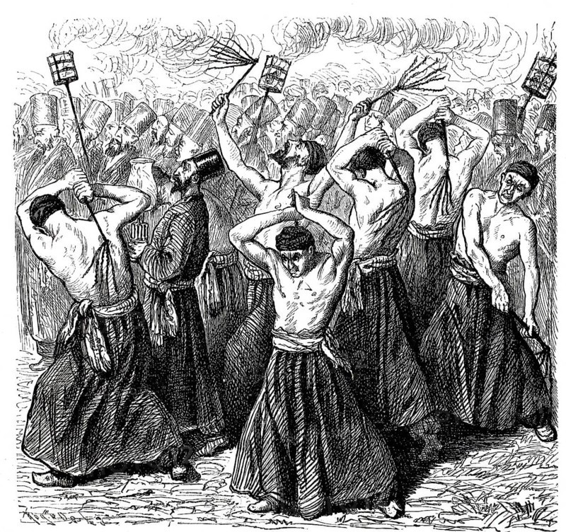 Scene from a Muharram procession, Muharram is the first month of the Islamic calendar and one of the four holy months of the year in Islam, Group of Flagellants, Historical, digitally enhanced reproduction of a 19th century original
