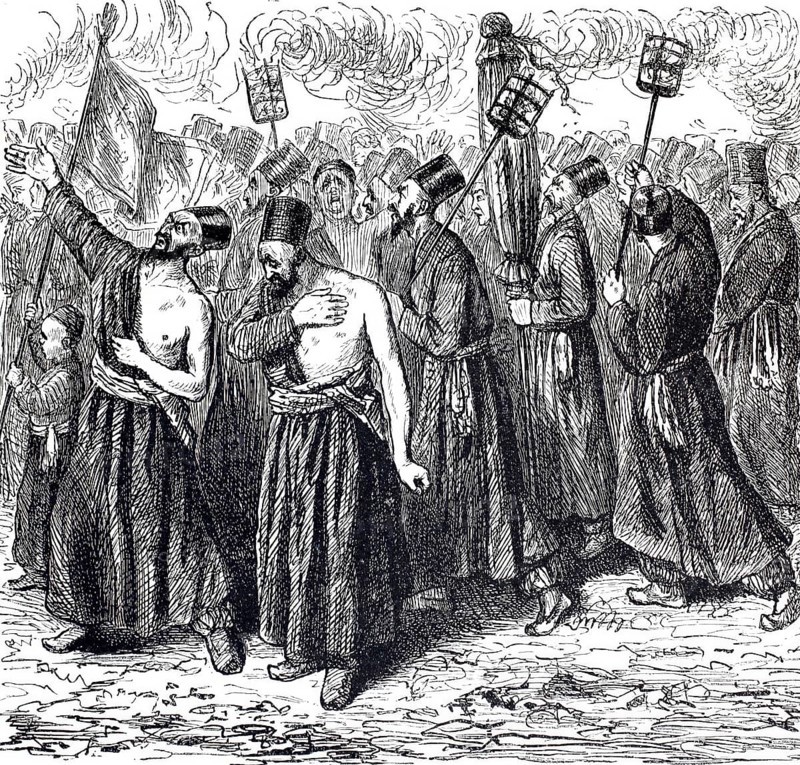 Scene from a Muharram procession, Muharram is the first month of the Islamic calendar and one of the four holy months of the year in Islam, Group of Penitents, Historical, digitally enhanced reproduction of a 19th century original