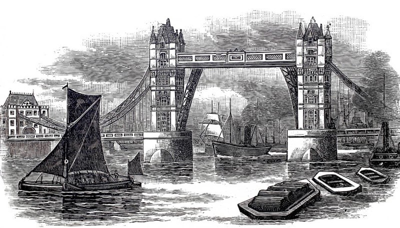 The Tower Bridge over the Thames in London, around 1850, England, digitally enhanced reproduction of a 19th century model, historical, exact date unknown