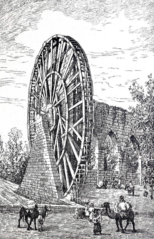Water scoop wheel, Noria, on the Orontes in Hama in Syria, digitally enhanced reproduction of a 19th century model, historical, exact date unknown
