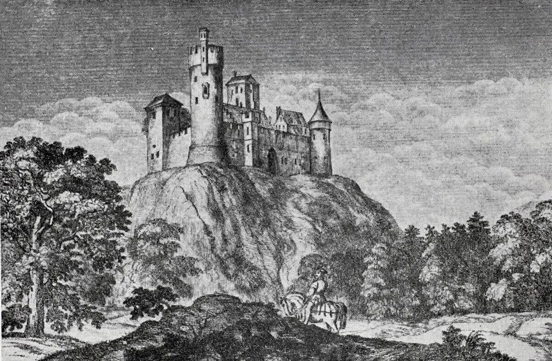 Burgstall Altenkünsberg, also called Kindesberg, an abandoned castle in the district of Neuhof near Altenkünsberg, demolished in 1791, district of Bayreuth in Bavaria, Germany, digitally improved reproduction of a 19th century model, historical, exact date unknown