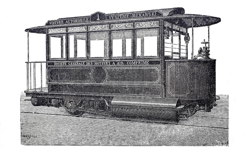Tramcar system Mekarski, driven by compressed air, compressed air tram, around 1900, Paris, France, digitally improved reproduction of a 19th century model, historical, exact date unknown