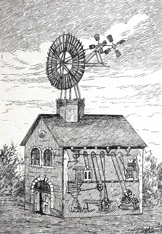 Wind motor for agricultural purposes, millstone, mill, around 1890, digitally improved reproduction of a 19th century model, historical, exact date unknown