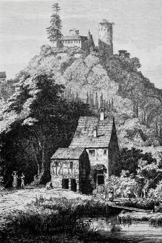 Rieneck Castle in the Middle Ages, a hilltop castle built around 1150 above the town of Rieneck in the Lower Franconian Sinntal in Bavaria, Germany, digitally enhanced reproduction of a 19th century original, historical, exact date unknown