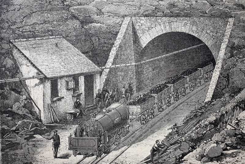 Construction site for the St Gotthard tunnel, Gotthard tunnel, Galleria del San Gottardo, removing the rock debris, construction site around 1875, Switzerland, digitally enhanced reproduction of a 19th century model, historical, exact date unknown